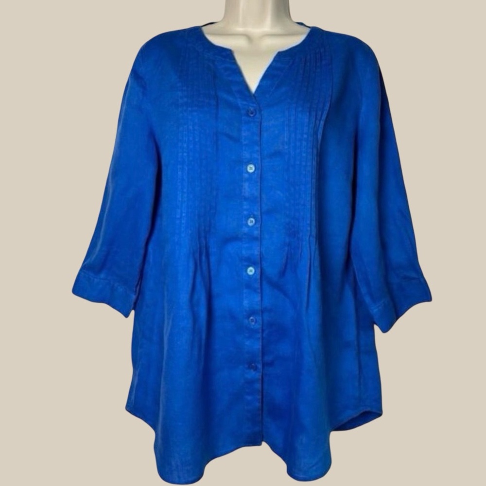 Coldwater Creek Women's Blue 100% Linen Pleated Button Down Tunic Blouse SZ Med
